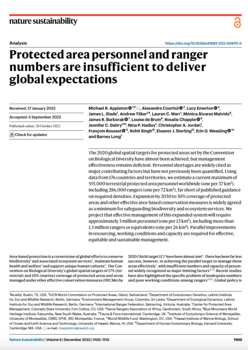 Protected area personnel and ranger numbers are insufficient to deliver global expectations